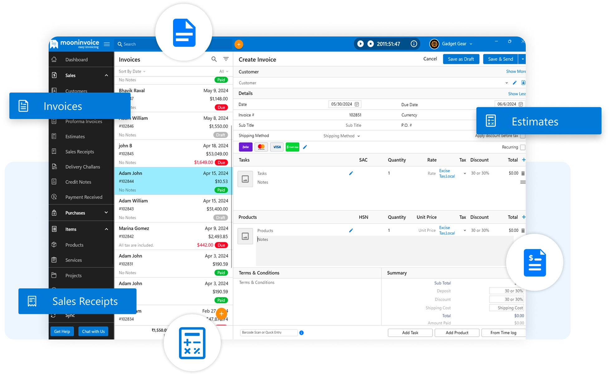 Create Invoices, Estimates, & Receipt Instantly