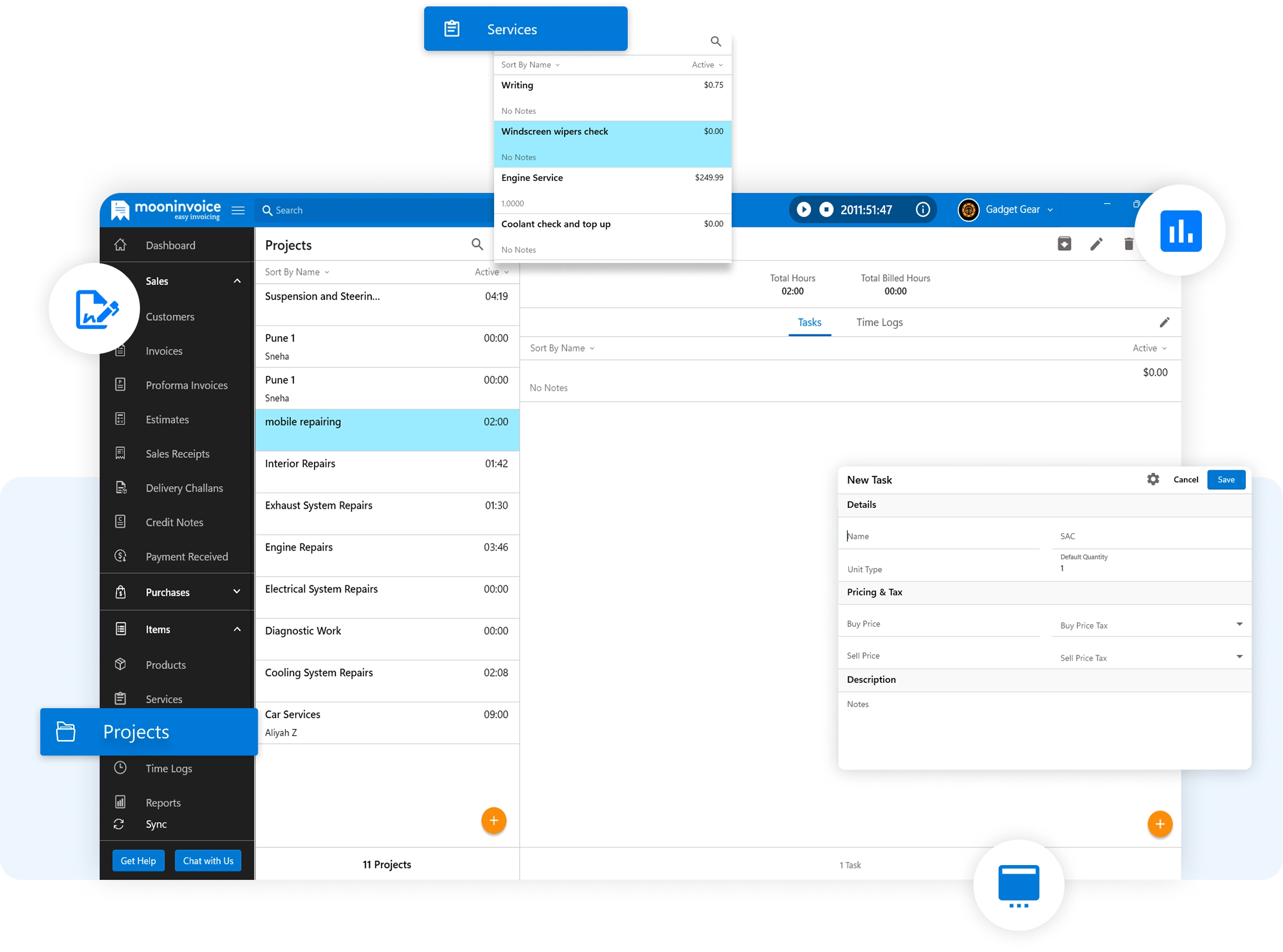 Manage Projects, Tasks & Services