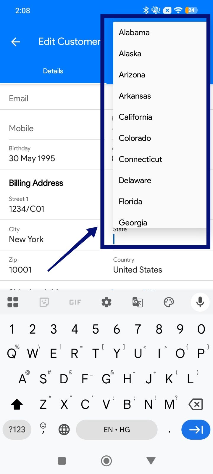 State Dropdown for Customer/Vendor Details