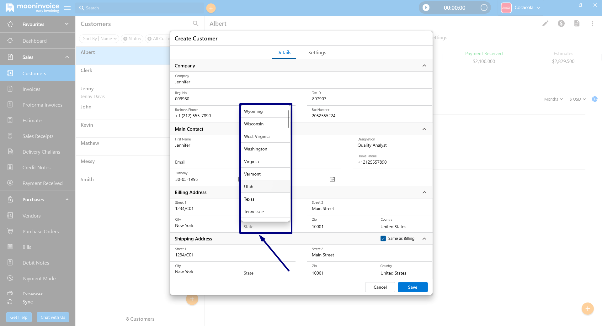 State Dropdown for Customers