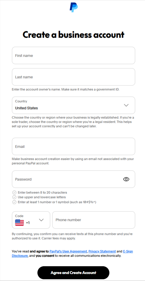 PayPal Business details form PayPal Business details form