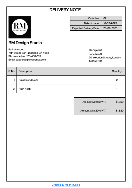 Delivery note example