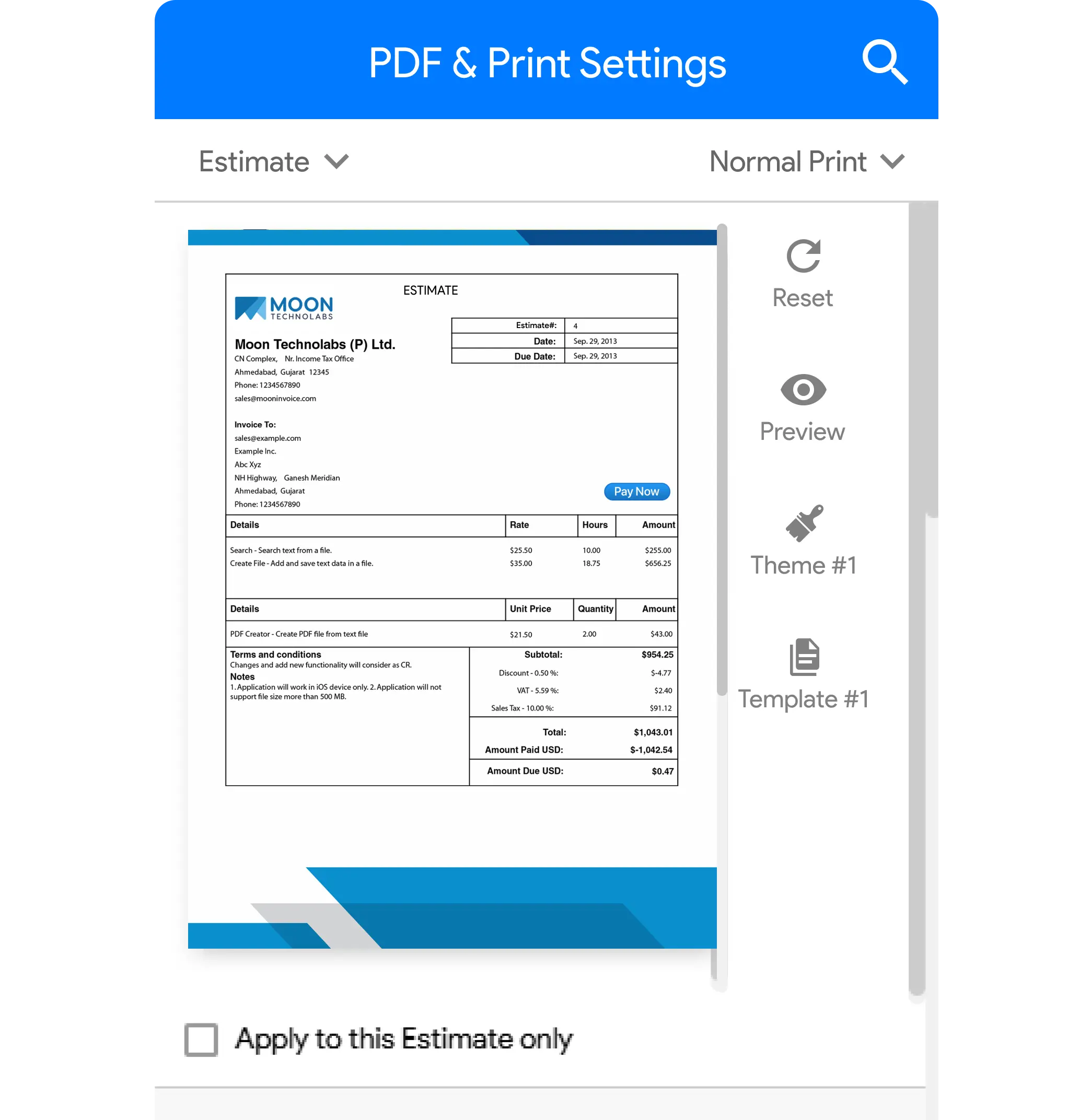 Customizable estimate templates